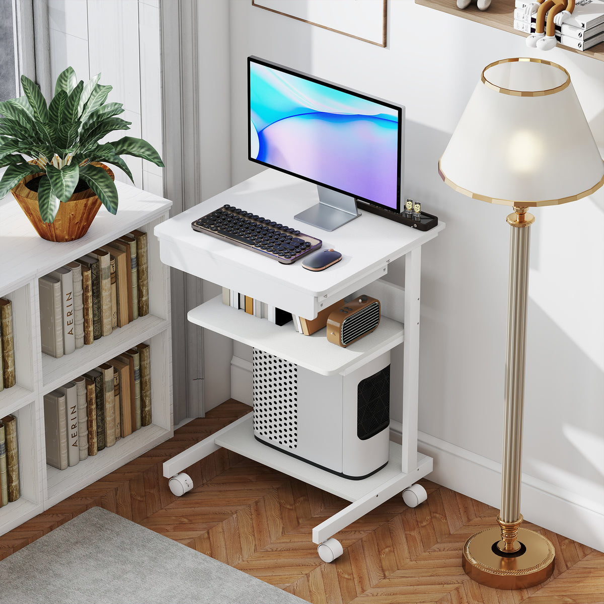 HOMCOM Computertisch auf Rollen, Schreibtisch mit Stauraum 56 x 51 cm mit Schublade, Fach und CPU, Weiß