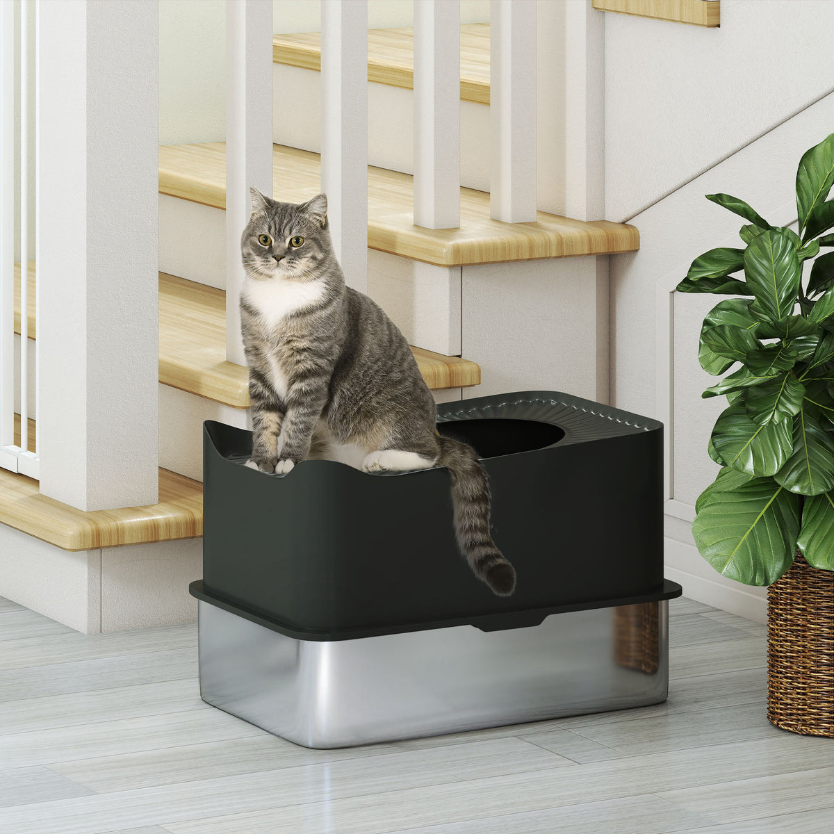 PawHut Edelstahl-Katzentoilette 85L großes Fassungsvermögen halbgeschlossenes Katzenklo, 60 x 40 x 38 cm schwarz