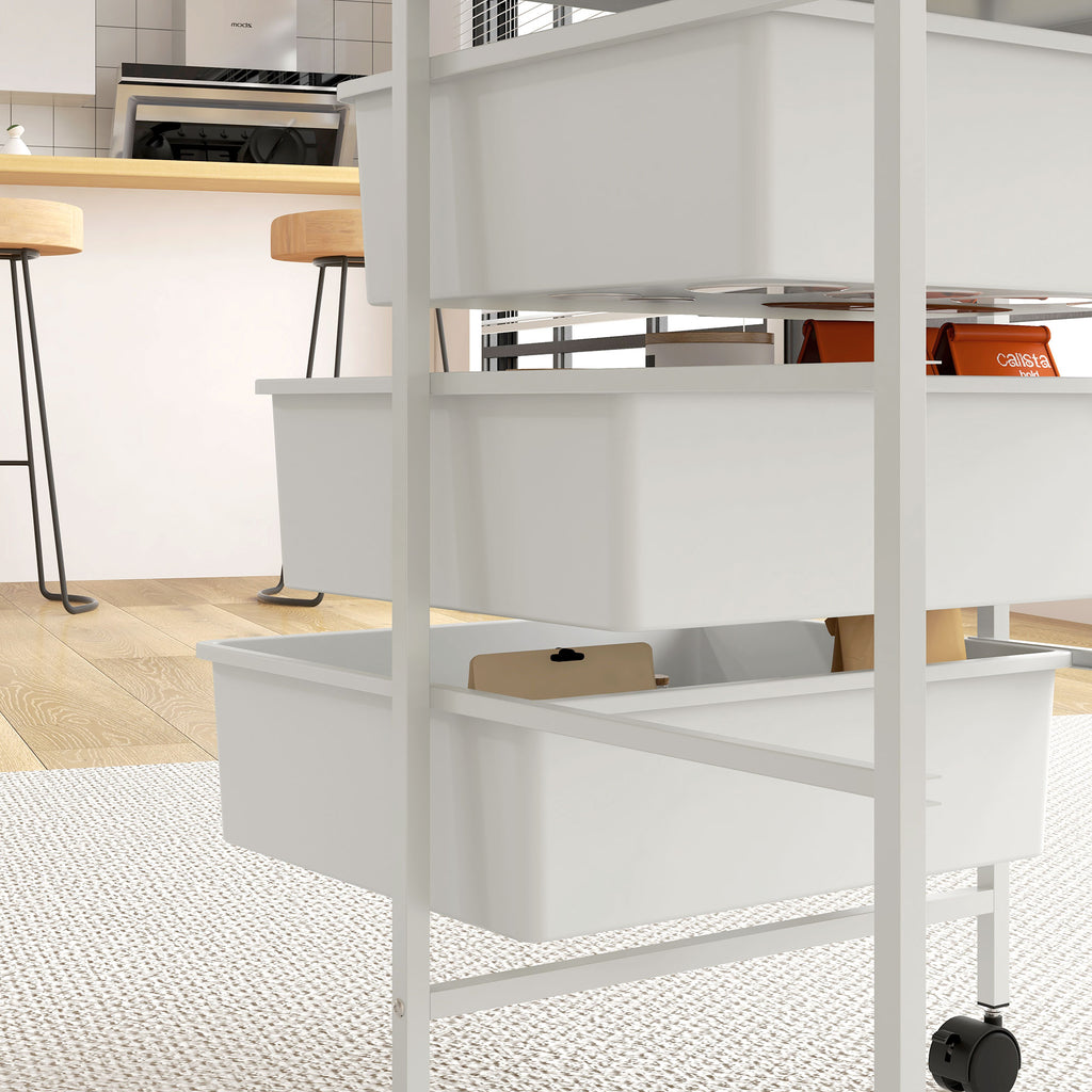 HOMCOM Beistellwagen mit Rädern, 3 Körbe für Transport und Aufbewahrung, Küchenwagen, 40,8L x 33,5B x 60,5H cm, Weiß