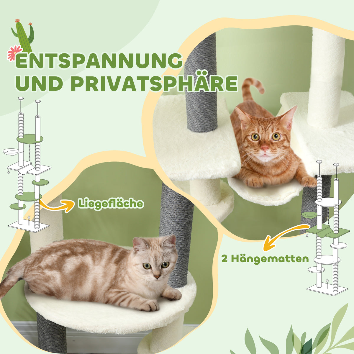 PawHut Kratzbaum, deckenhoch, verstellbar 225-255 cm, Plattformen & Hängematten, Kippschutz, Weiß