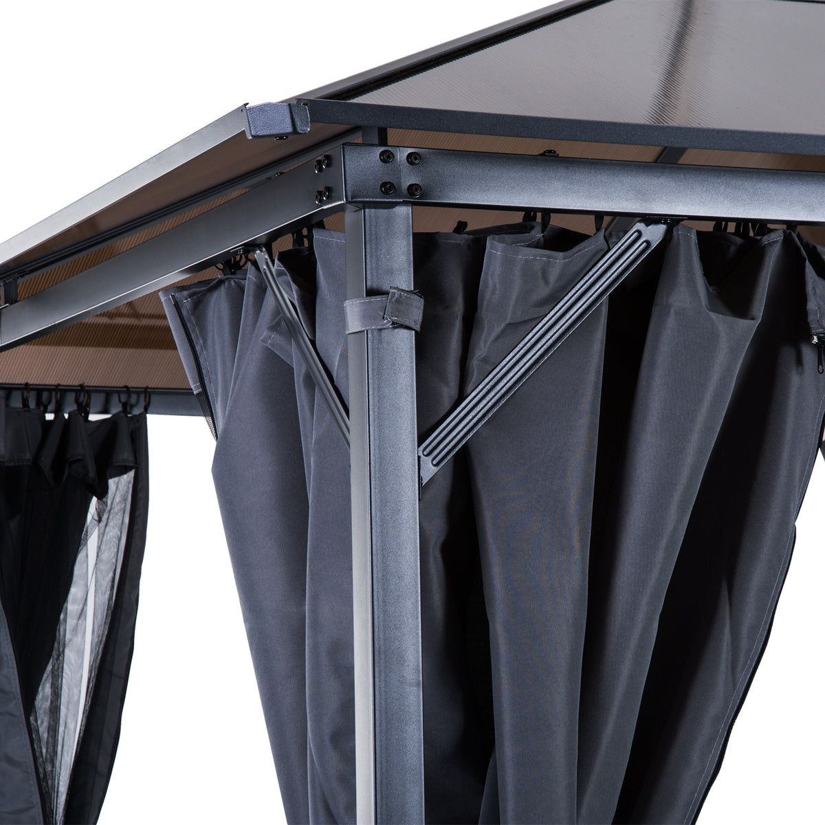 Outsunny Pavillon mit Polycarbonatdach, Vorhänge mit Fliegennetz, Alugestell, dunkelgrau, 3 x 3 m