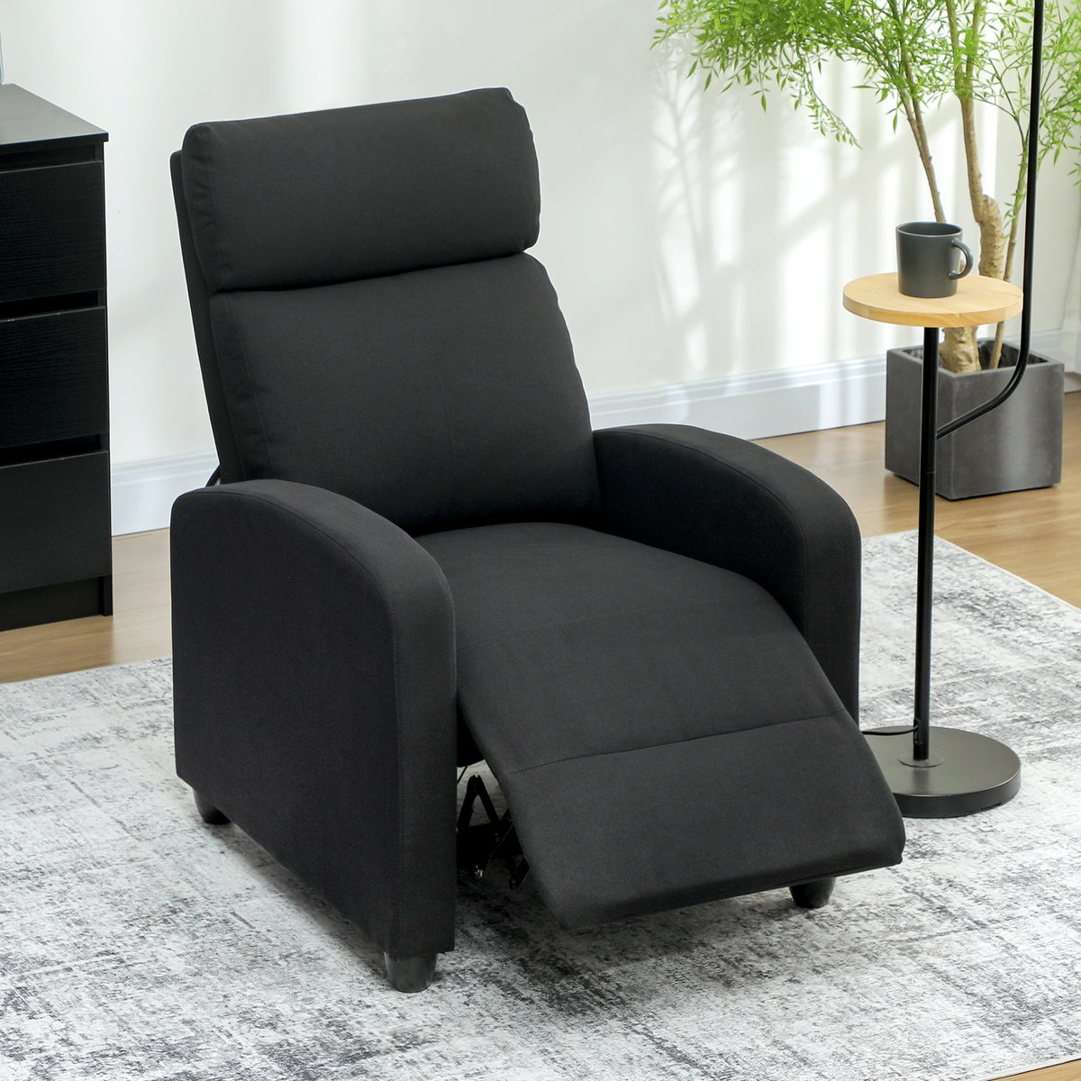 HOMCOM Relaxsessel, verstellbar 135°, ausziehbare Fußstütze, gepolsterte Lehnen, Leinen-Polyester, Schwarz