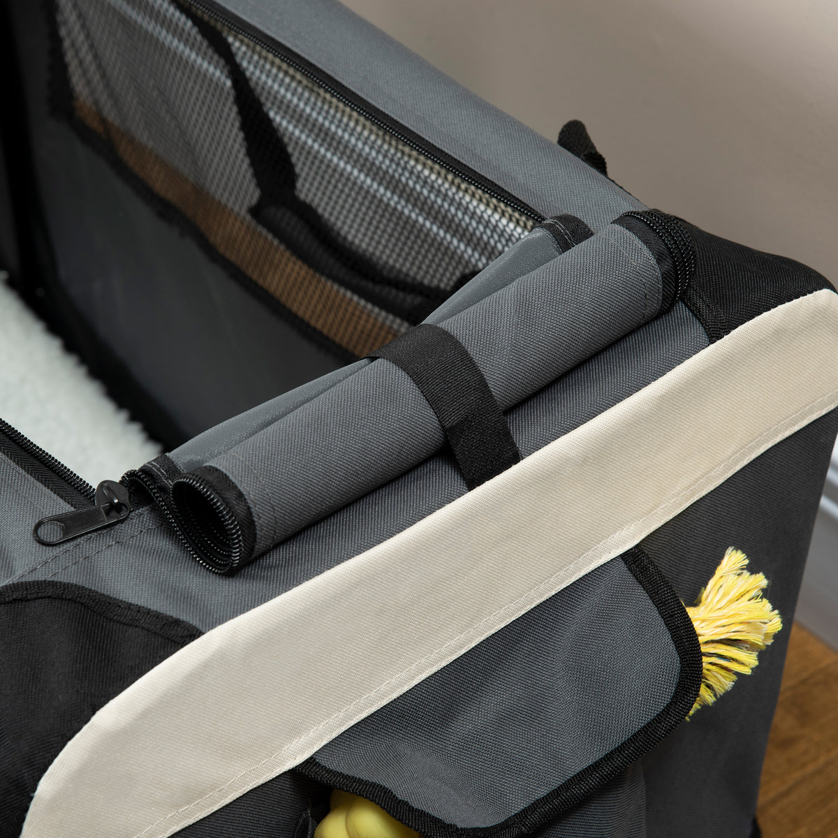 PawHut Faltbare Transporttasche - Griff, 3 Reißverschlüsse, Tasche - abnehmbares Kissen - Stahl Oxford Polyester Grau Schwarz