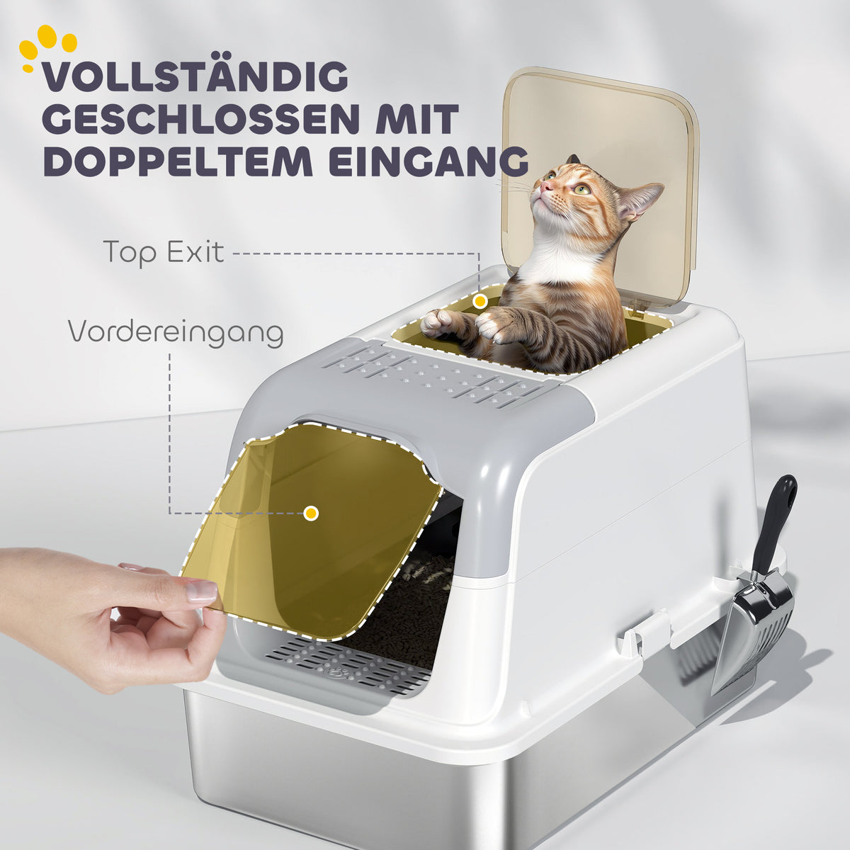 PawHut Katzenklo, Katzentoilette mit Deckel, Streuschaufel, vorne Eingang und ober Ausgang Edelstahl bis 15 kg