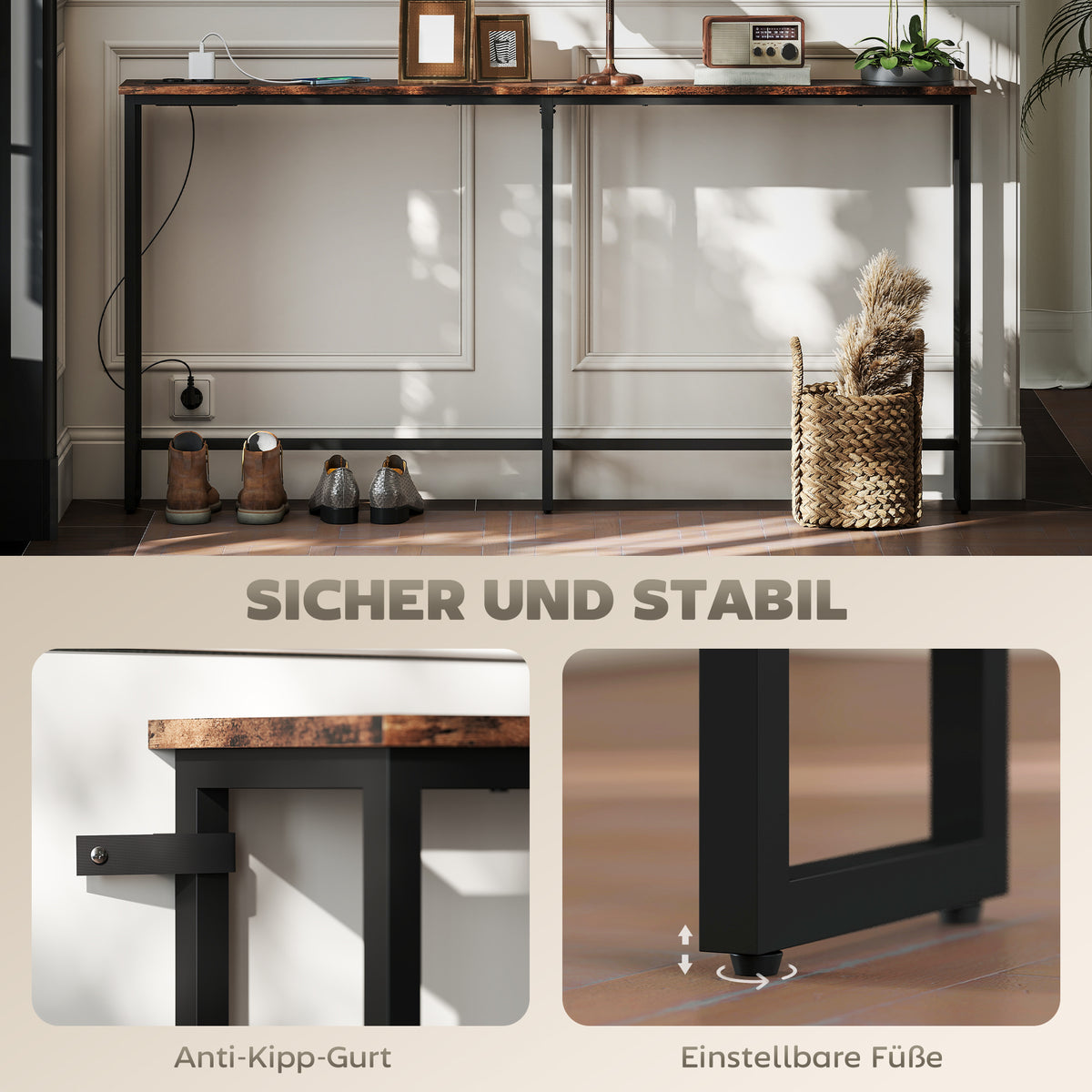HOMCOM Schlanker Konsolentisch mit Ladestation, Industriestil, Stahlrahmen, Braun