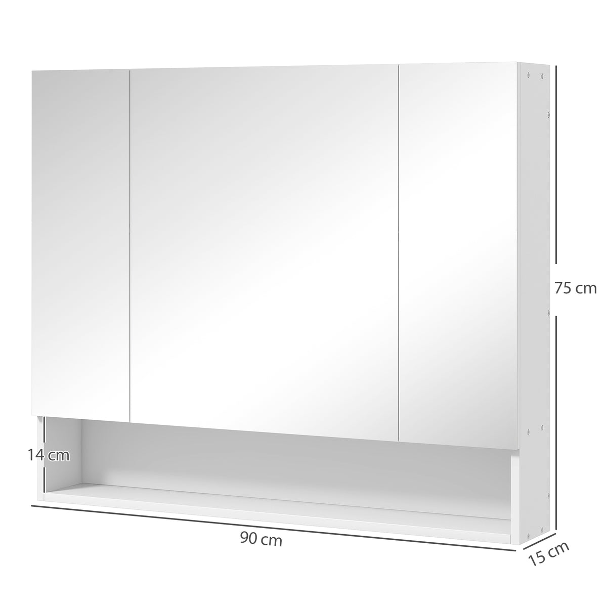 kleankin Badezimmerspiegelschrank, Schminktisch 3 Spiegeltüren, verstellbare Regale, 90x15x75cm, Weiß