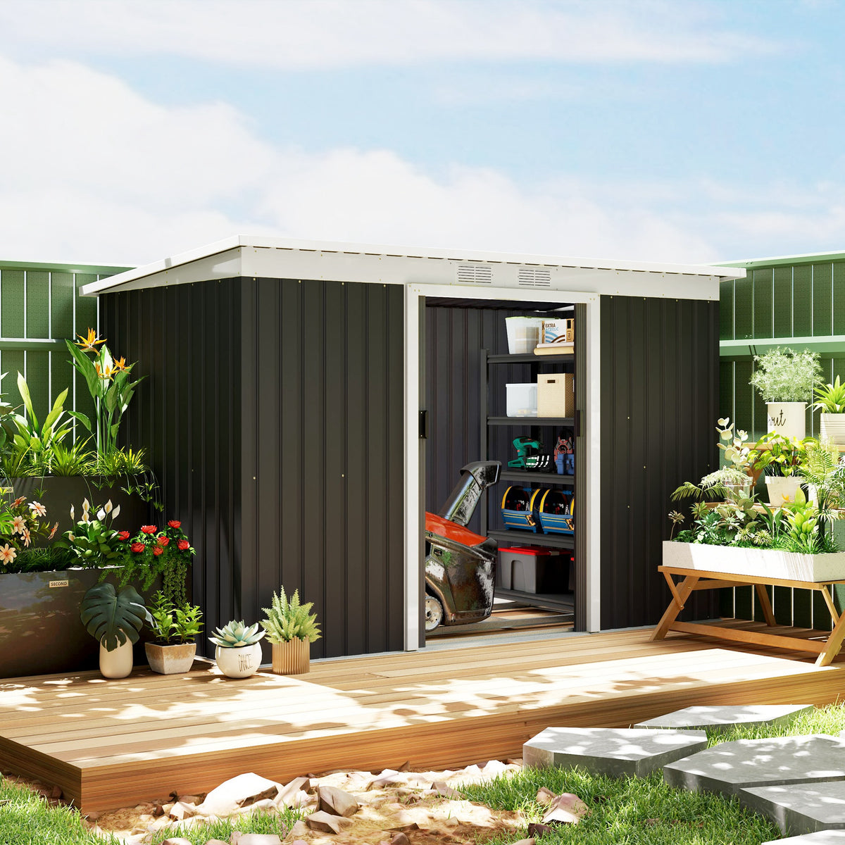 Outsunny Gerätehaus, Gartenhaus, Geräteschuppen mit Schiebetür, Lüftungsfenster, Pultdach, Outdoor, Stahl, Dunkelgrau, 280 x 130 x 172 cm