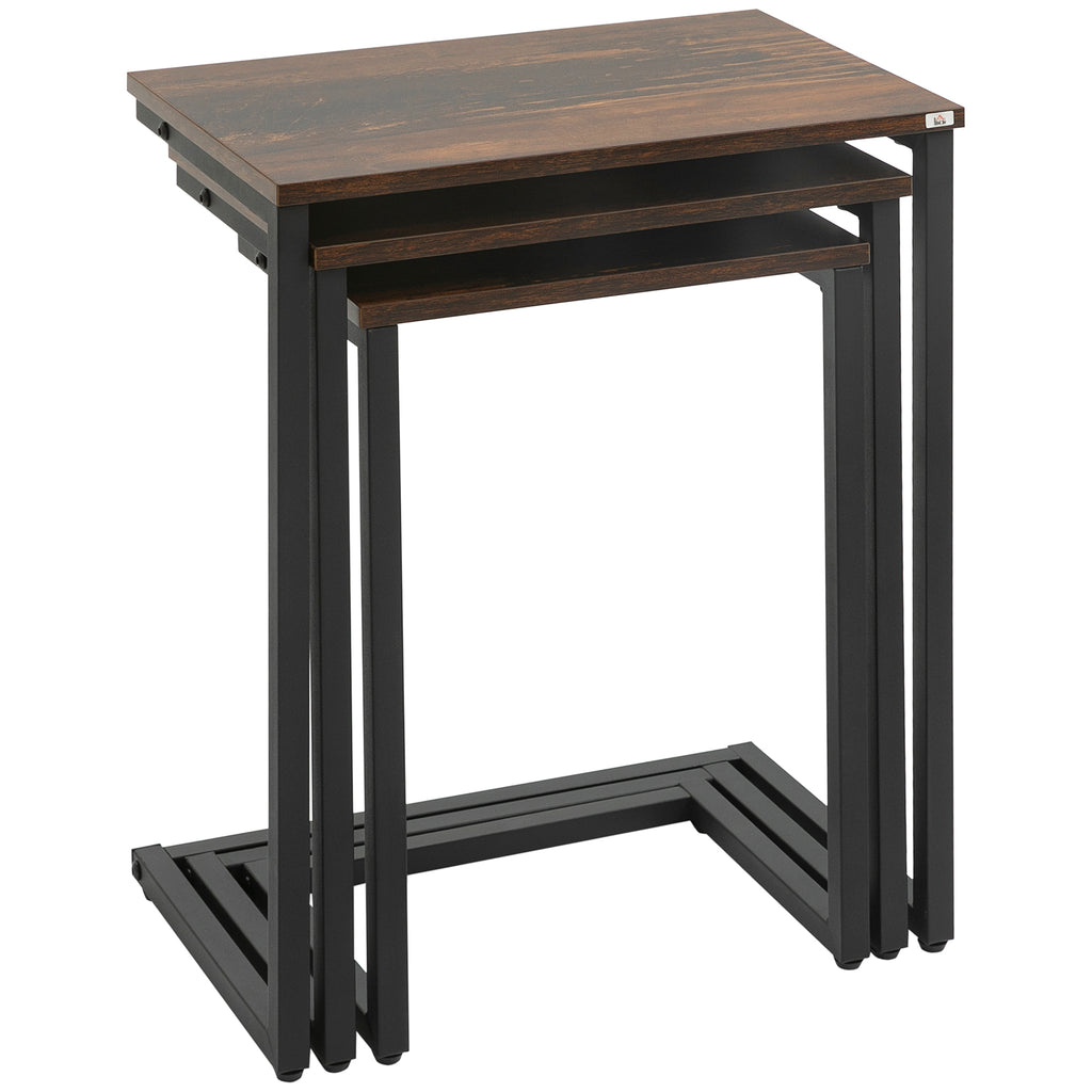HOMCOM Satztisch, Beistelltisch, 3er-Set, Industrial Design, Stahlrahmen, braun+schwarz, 45 x 30 x 60cm