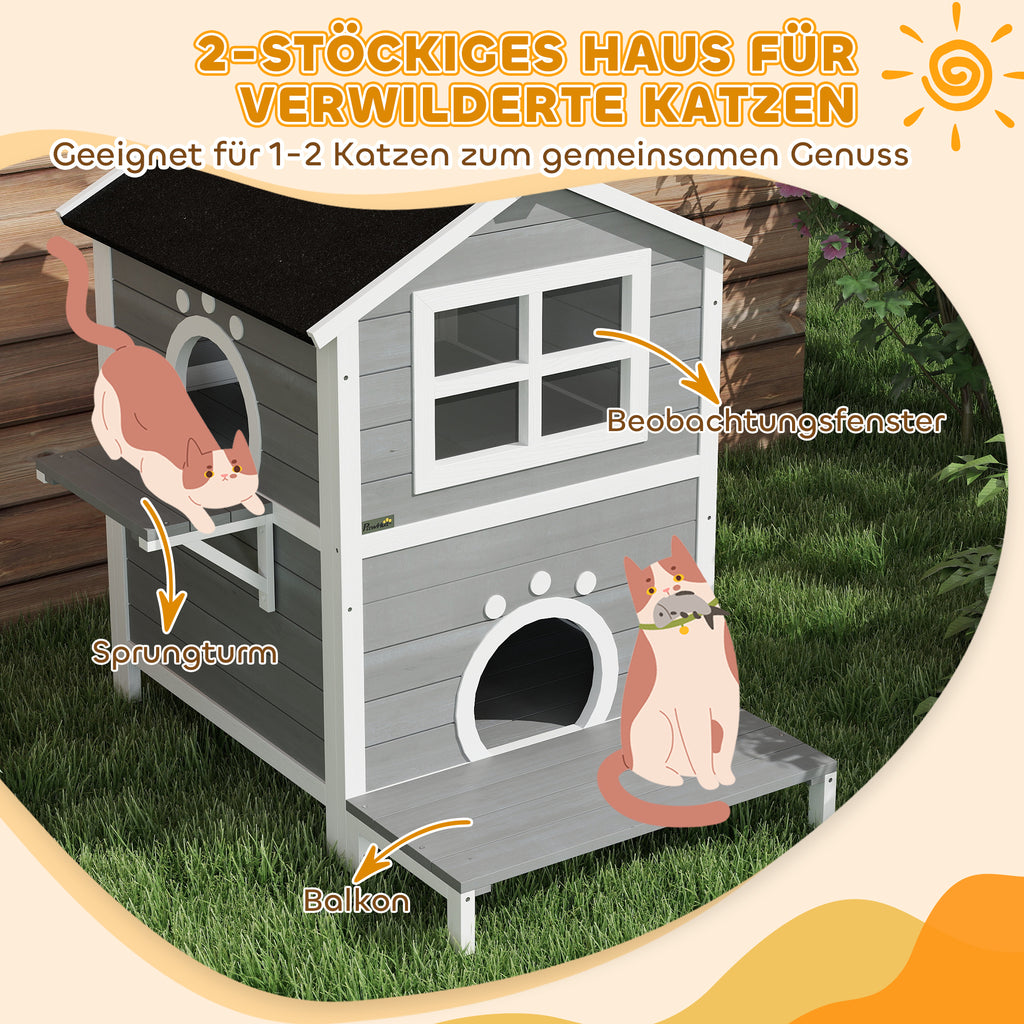 PawHut Outdoor-Katzenhaus mit wetterfestem Dach, Fenster, Balkon, herausnehmbarem Boden, 2 Ebenen, für 1-2 Katzen, Grau