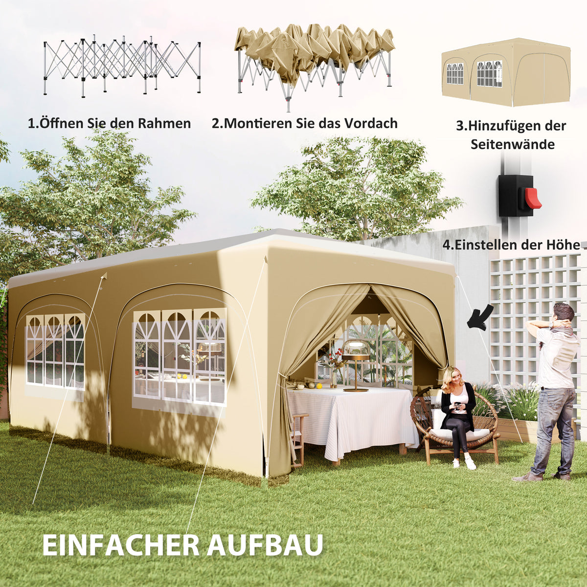 Outsunny 3 x 6 m Pop-up Pavillon mit Seitenwänden, UPF50+ höhenverstellbares Gartenzelt mit Tragetasche und Sandsäcken