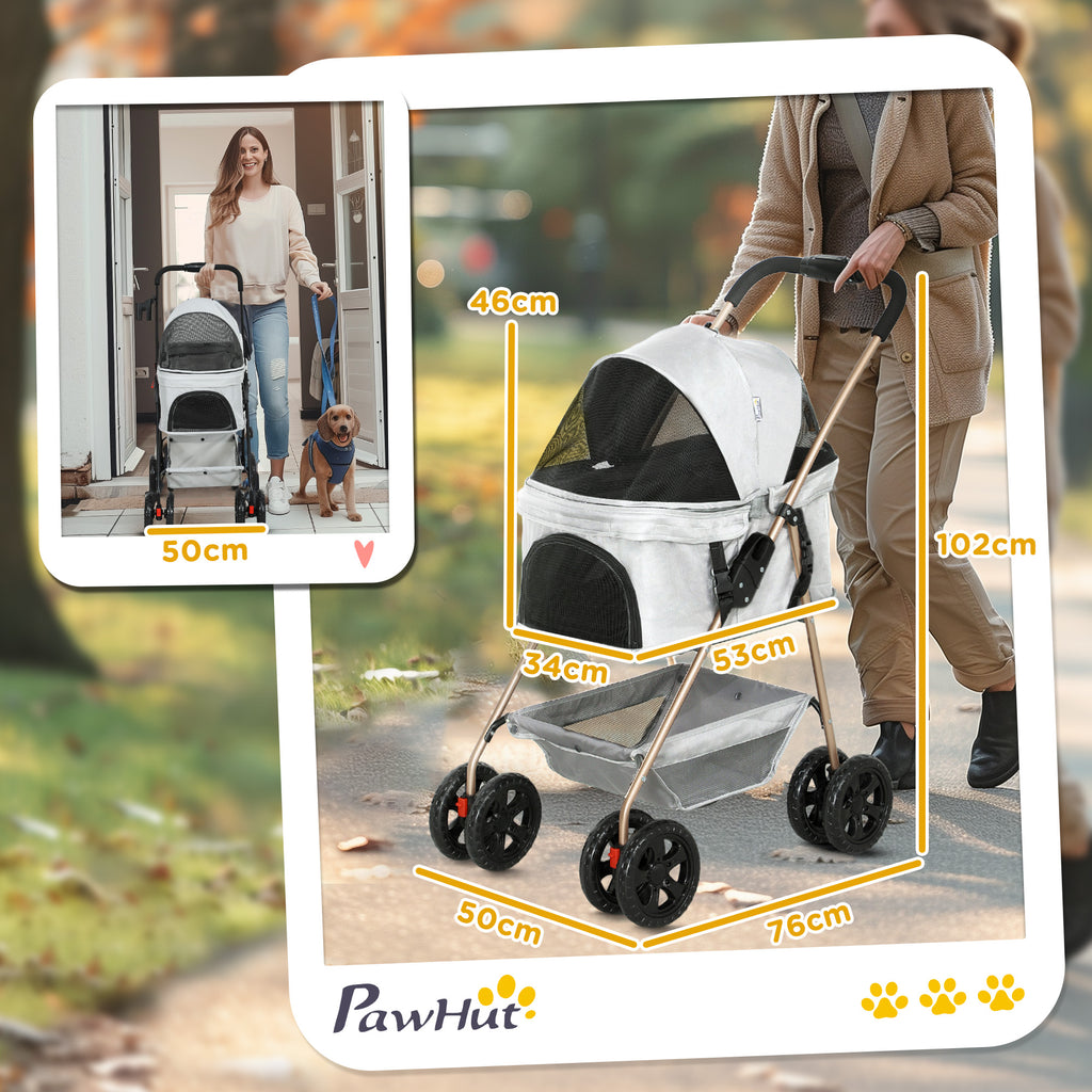 PawHut 3-in-1-Haustierkinderwagen, zusammenklappbarer Hundewagen mit 4 Rädern und abnehmbarer Trage für Hunde und Katzen, Grau