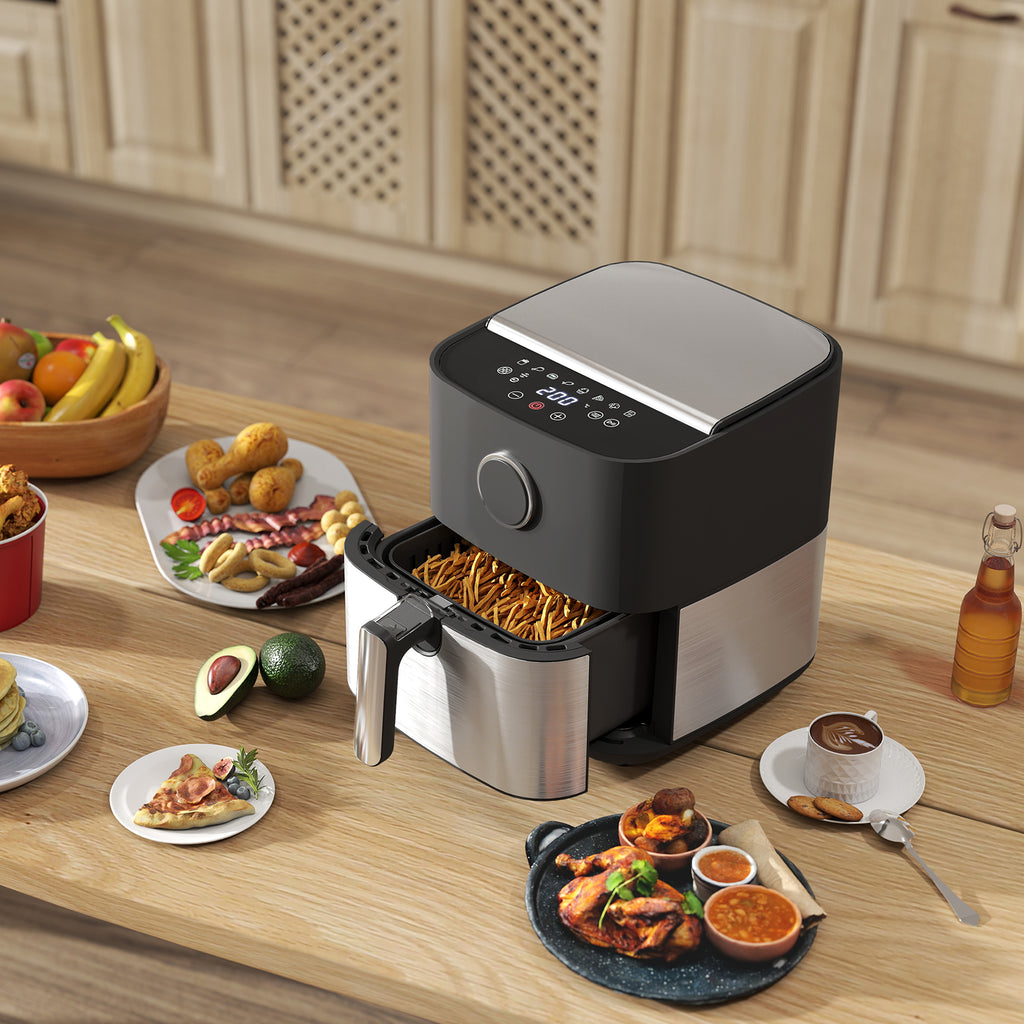 HOMCOM Heißluftfritteuse mit 8L, Air Fryer 1700W mit 8 Programmen und 360° Heißluftzirkulation, LED-Display, Schwarz