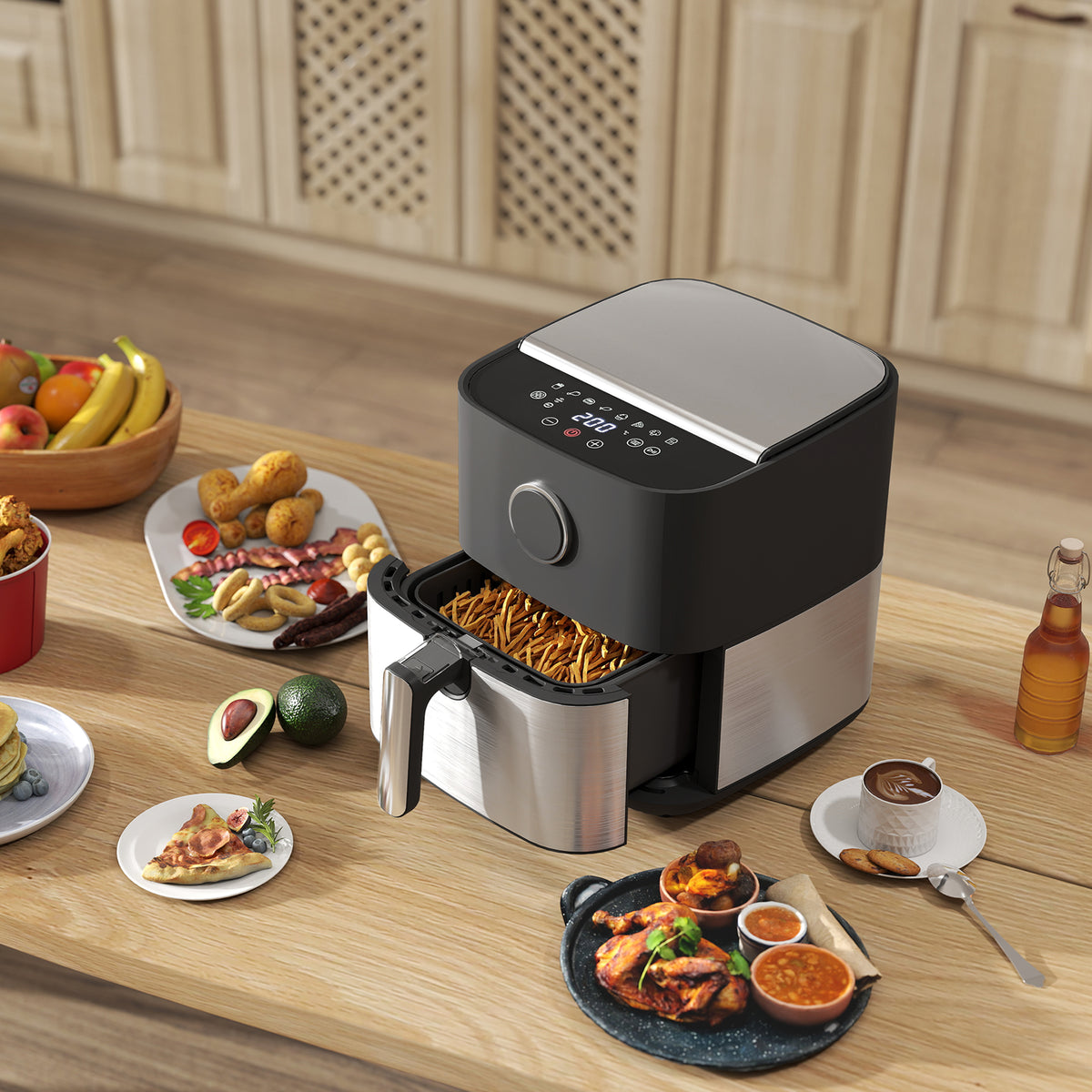 HOMCOM Heißluftfritteuse mit 8L, Air Fryer 1700W mit 8 Programmen und 360° Heißluftzirkulation, LED-Display, Schwarz