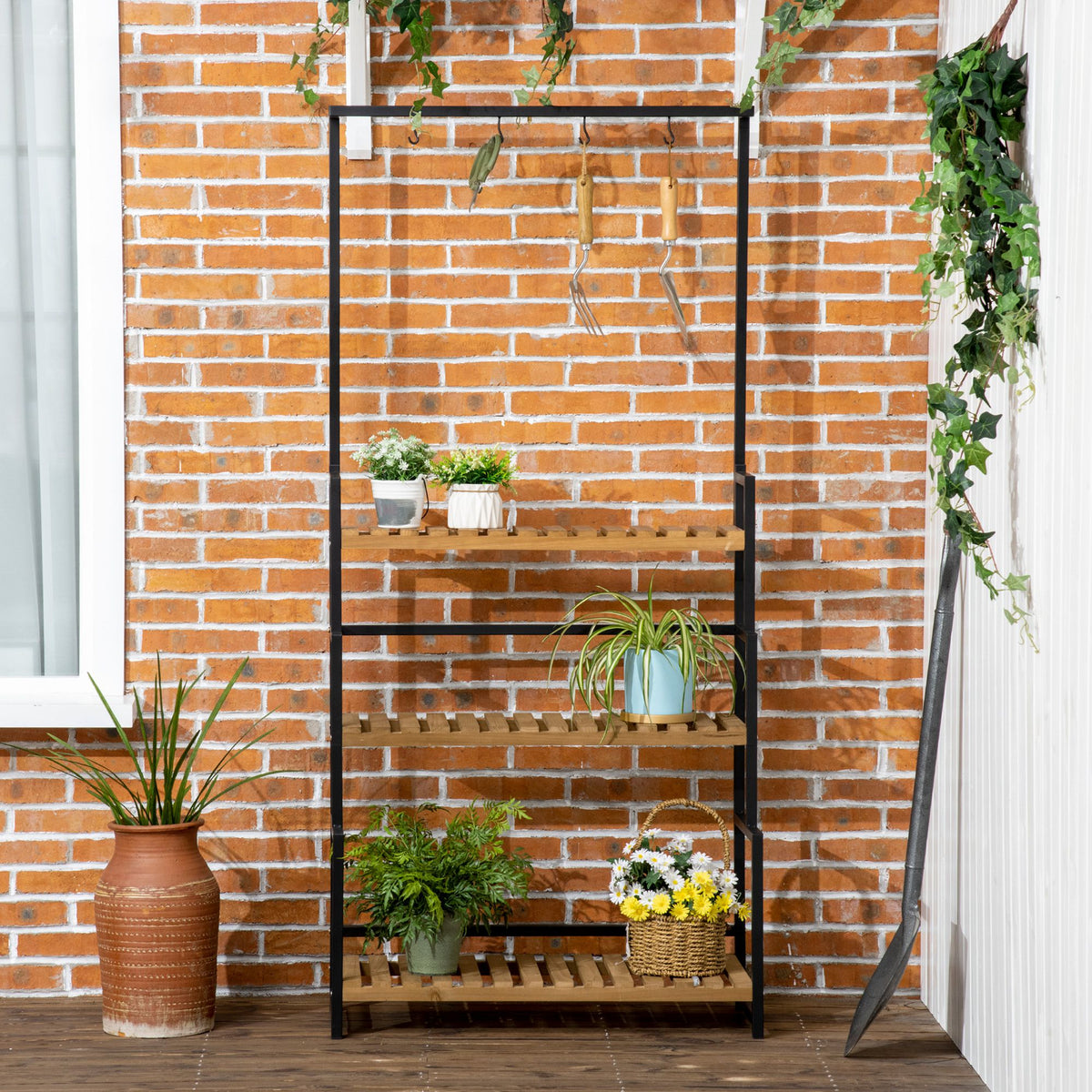 Outsunny Pflanzenregal mit 3 Ebenen und Befestigungshaken, Blumentreppe aus Naturholz, 80 cm x 36 cm x 174 cm, Natur