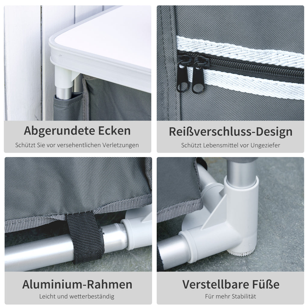 Outsunny Campingschrank faltbar Küchenbox tragbar mit Arbeitsplatte Tragetasche 3 Ablagen 600D Oxford Stoff Grau 60 x 50 x 104,5 cm