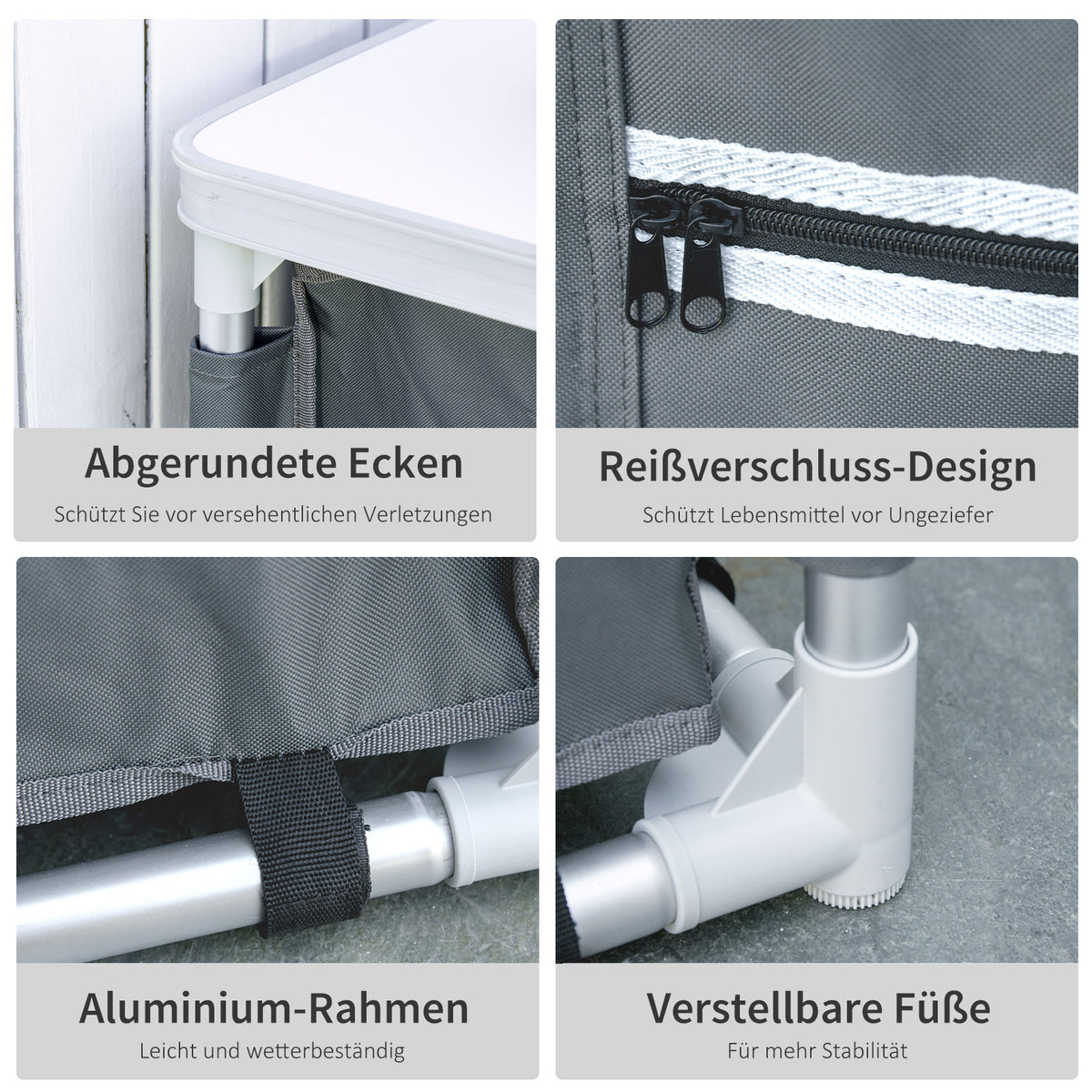 Outsunny Campingschrank faltbar Küchenbox tragbar mit Arbeitsplatte Tragetasche 3 Ablagen 600D Oxford Stoff Grau 60 x 50 x 104,5 cm
