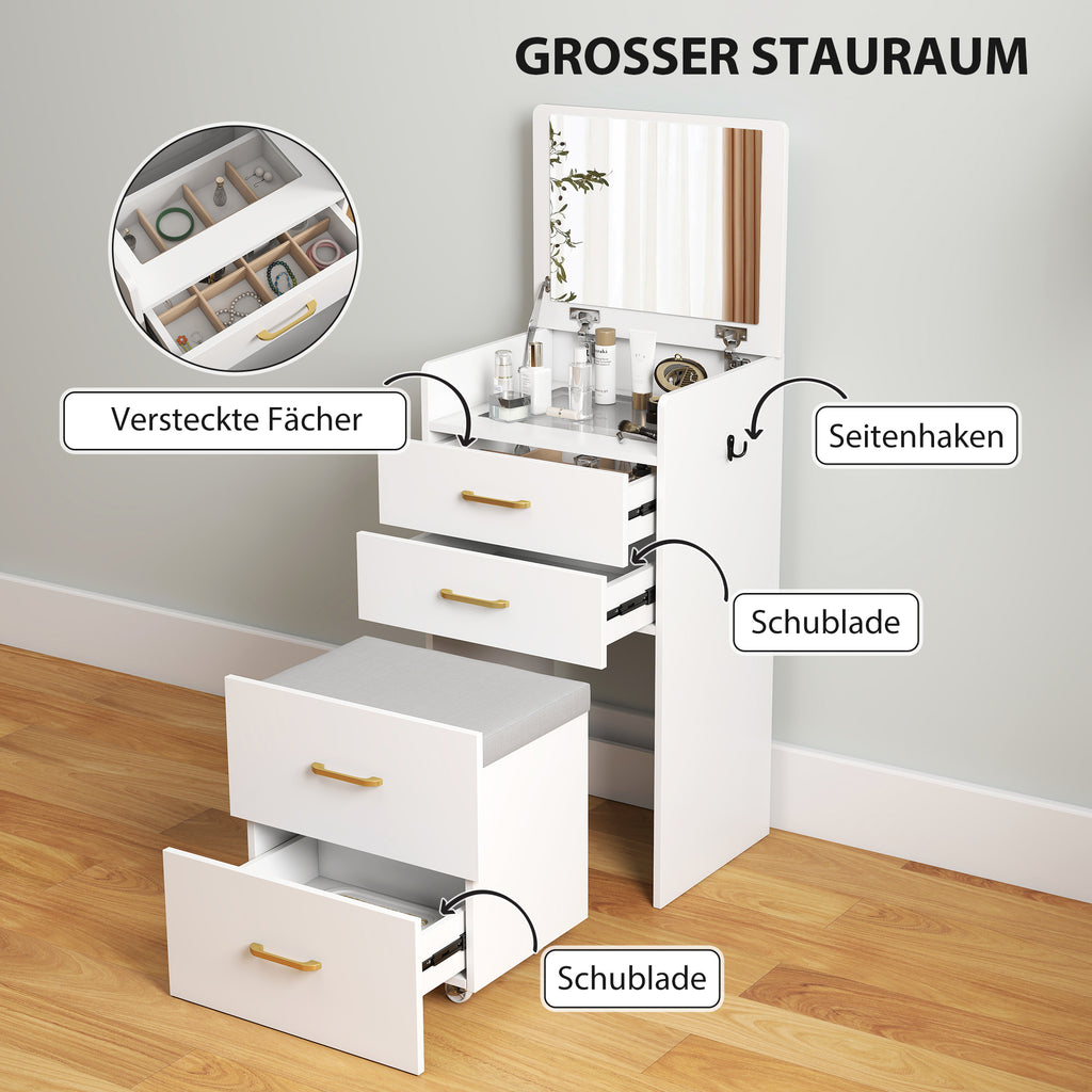HOMCOM 3-in-1-Schminktisch mit Spiegel, Nachttisch, Rollhocker, Schubladen, Weiß