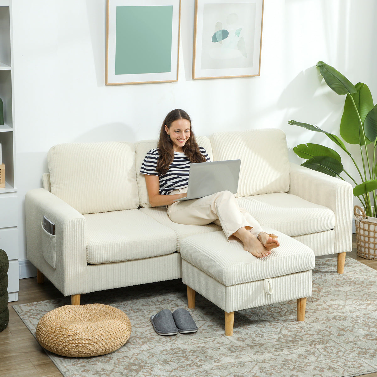 HOMCOM 3-Sitzer-Sofa mit Hocker, Rippenvelours-Sofa, gepolsterte Sitzfläche und Rückenlehne, 192x138x85cm, Beige