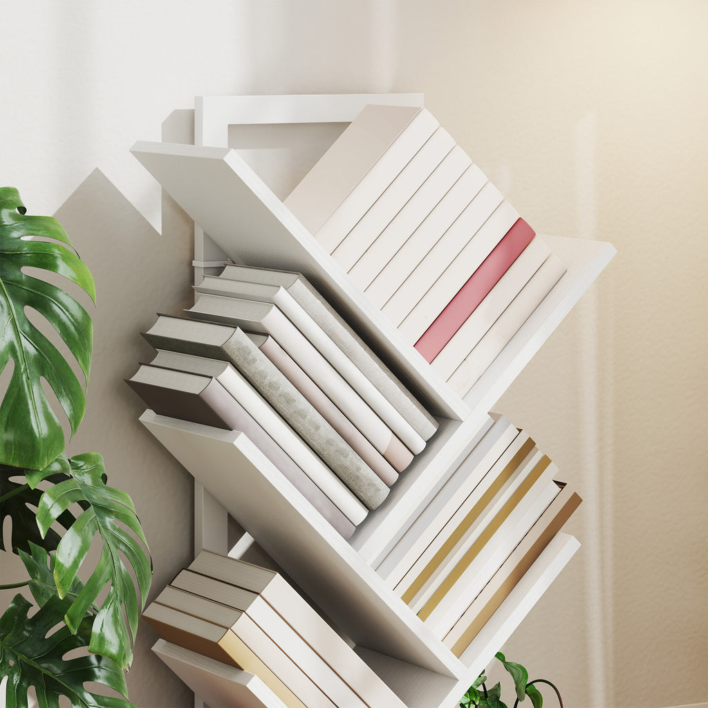 HOMCOM Bücherregal in Baumform mit 9 Regalen und Anti-Kipp-System für Wohnzimmer, Schlafzimmer 50x24x136 cm Weiß