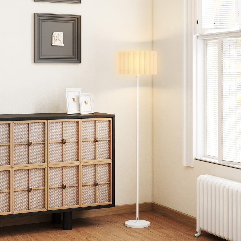 HOMCOM Stehlampe im Retro-Stil, Kunststoff-Lampenschirm, Fußschalter, Metallstab, Weiß