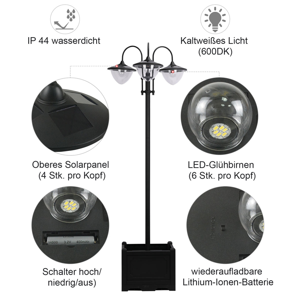 Outsunny Solar Laterne Stehleuchte aus Metall, Gartenlaterne mit Lichtsteuerung, 189 cm hoch, Windlicht Außenleuchte, Wasserdicht IP44 mit Blumentopf-Basis für Garten Balkon Deko Schwarz