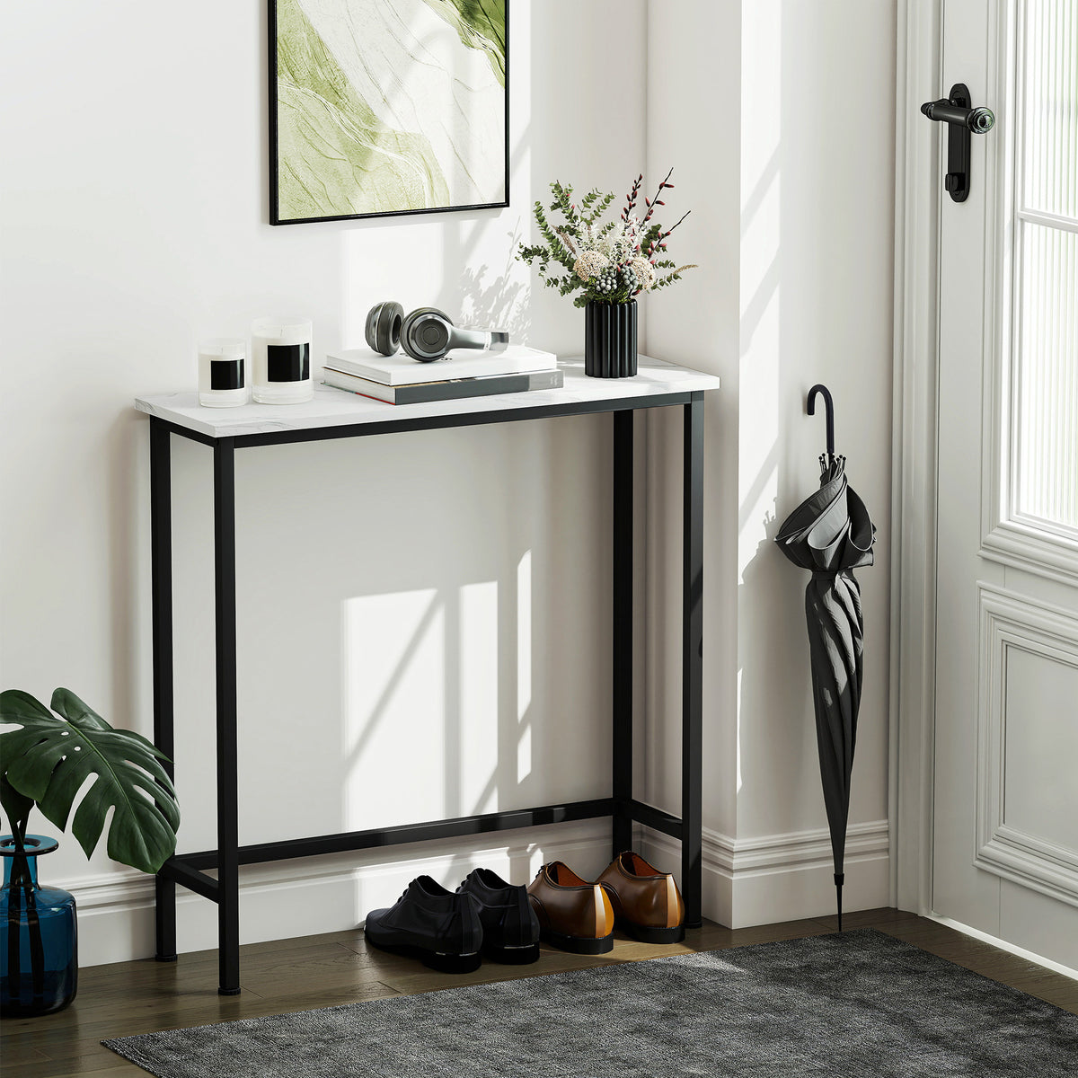 HOMCOM Eingangskonsolentisch Schmal mit Marmorierter Oberfläche und Metallrahmen 75x24x76 cm Weiß und Schwarz