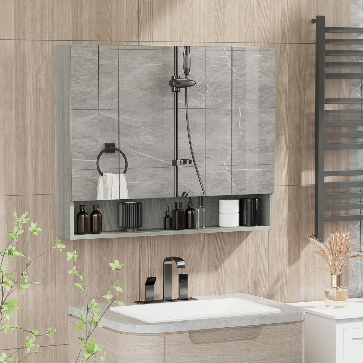 kleankin Badezimmerschrank mit Spiegel, Toilettenregal 3 Spiegeltüren, verstellbare Regale, 90x15x75cm, grau
