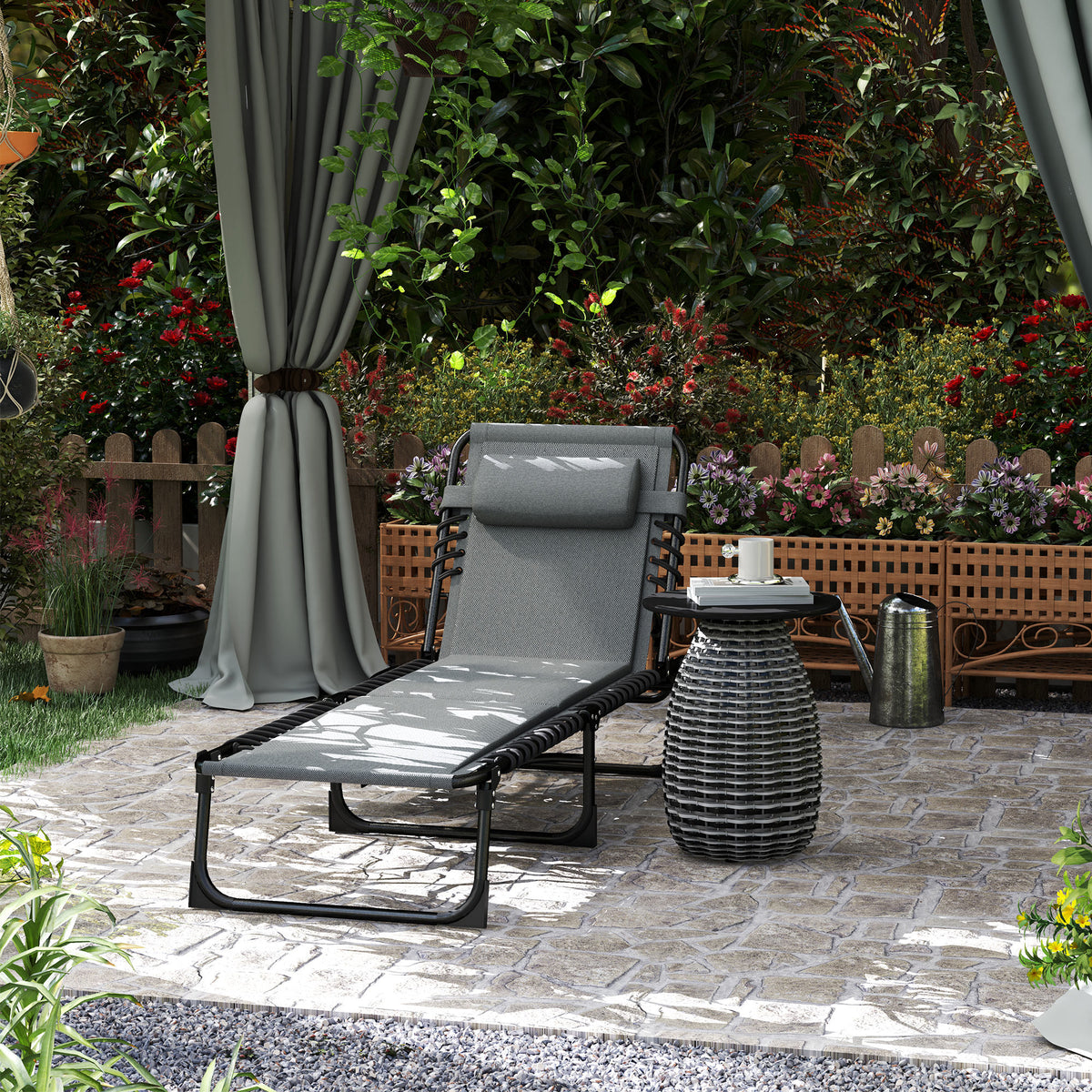 Outsunny Liegestuhl, Sonnenliege mit Polsterung und Seitentasche, Gartenliege, Pool-Liege, Polsterliege, Grau