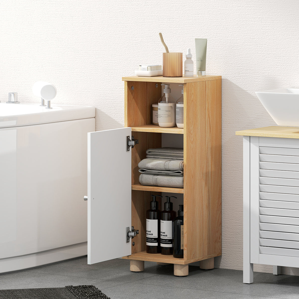 HOMCOM Badezimmerschrank Platzsparend mit 2 Regalen und offenem Fach, 30x30x79,7 cm, Weiß und Holz