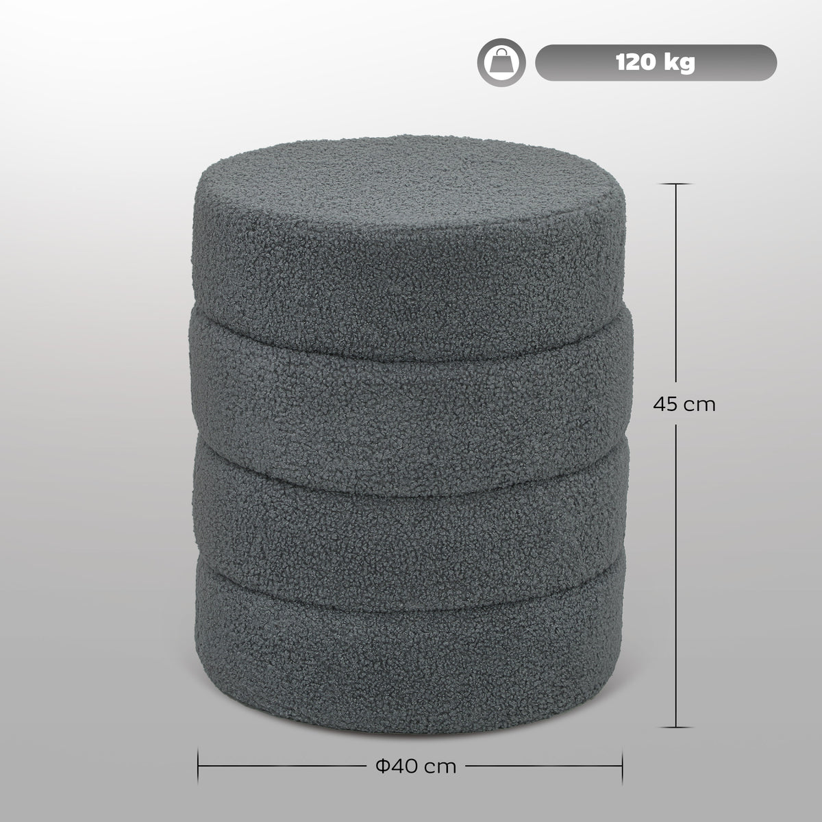 HOMCOM Hocker, rund, Teddyfleece, Metallgestell, bis 120kg, Φ40x45H cm, Dunkelgrau