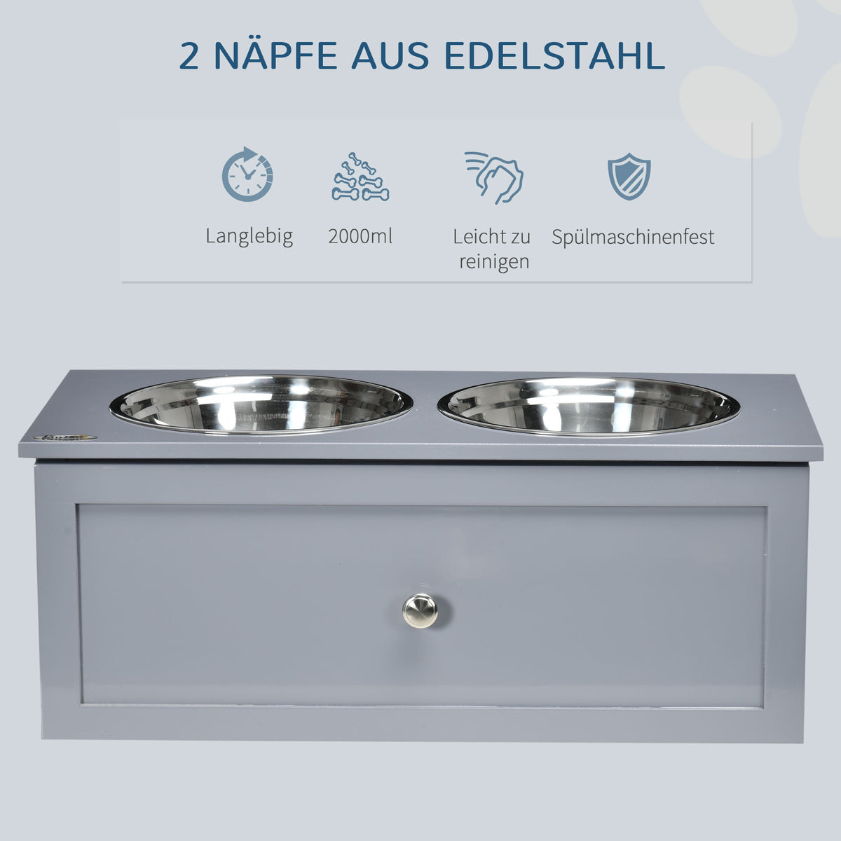 PawHut Futterstation, 2 Fressnäpfe je 2 Liter, Edelstahl, mit Schublade, für mittlere Hunde, grau, 60 x 30 x 24cm