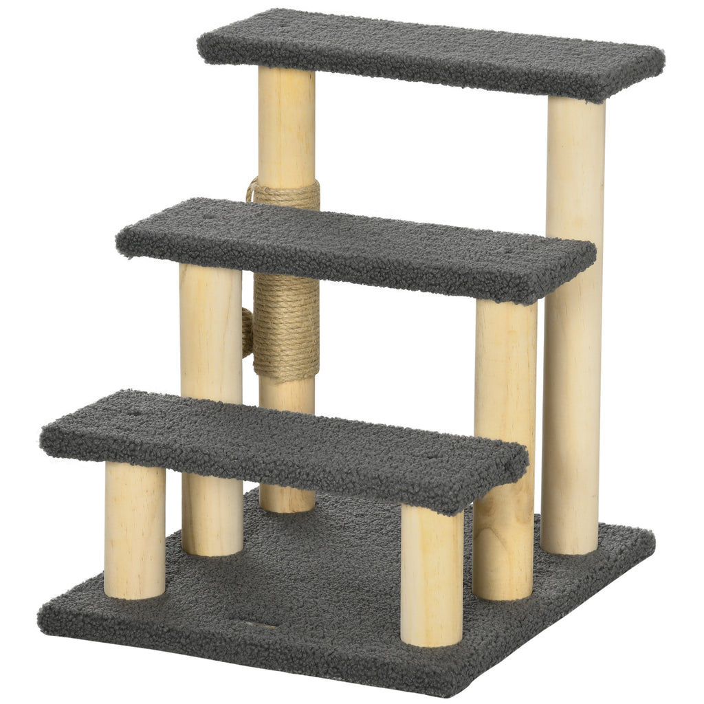 PawHut Katzentreppe, Kratzbaum, drei Stufen, Spielball, grau+holzfarben, 45 x 40 x 48cm