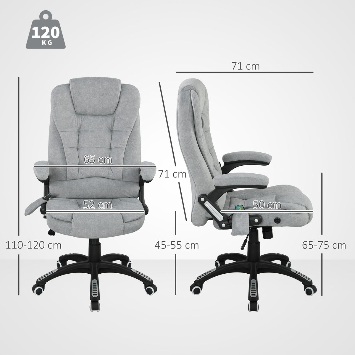 Vinsetto Bürostuhl mit 6-Punkt-Massage mit Neigungsfunktion und Heizung Höhenverstellung 65x71x110-120 cm Grau