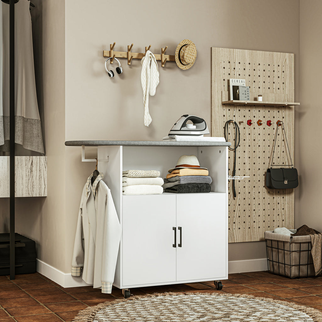HOMCOM Bügelbrett mit 2 Türen und offenem Fach, 125x43,5x102,5 cm, Weiß