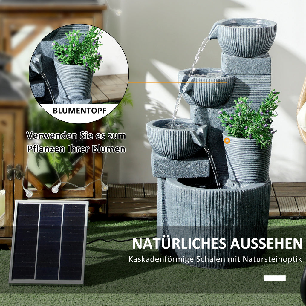 Outsunny Gartenbrunnen, Naturoptik, 4-stufig, Solarbetrieb, LEDs, 57cm Höhe, Dunkelgrau