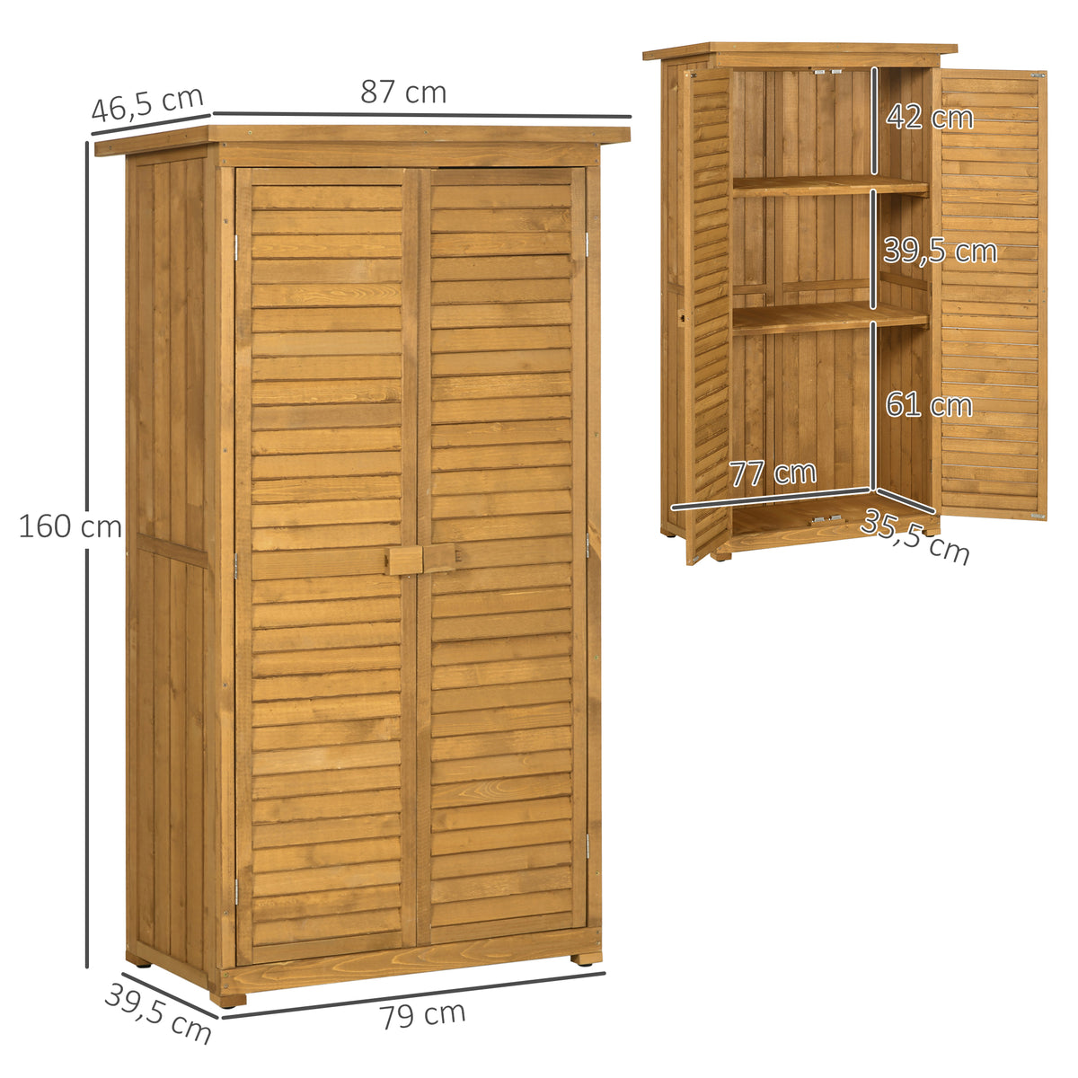 Outsunny Geräteschuppen mit Lamellentüren 3 Regale wetterbeständig 87 cm x 46,5 cm x 160 cm Tannenholz Braun