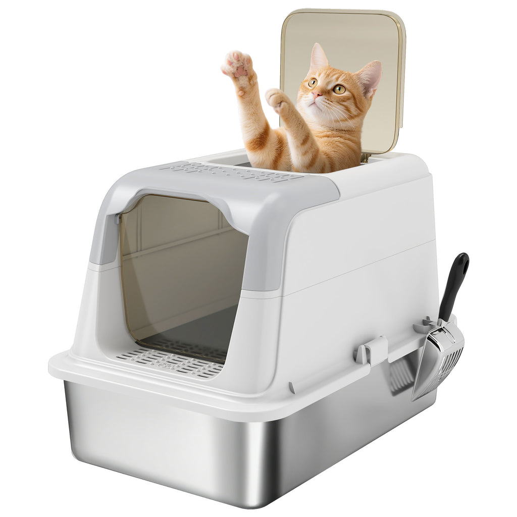 PawHut Katzenklo, Katzentoilette mit Deckel, Streuschaufel, vorne Eingang und ober Ausgang Edelstahl bis 15 kg