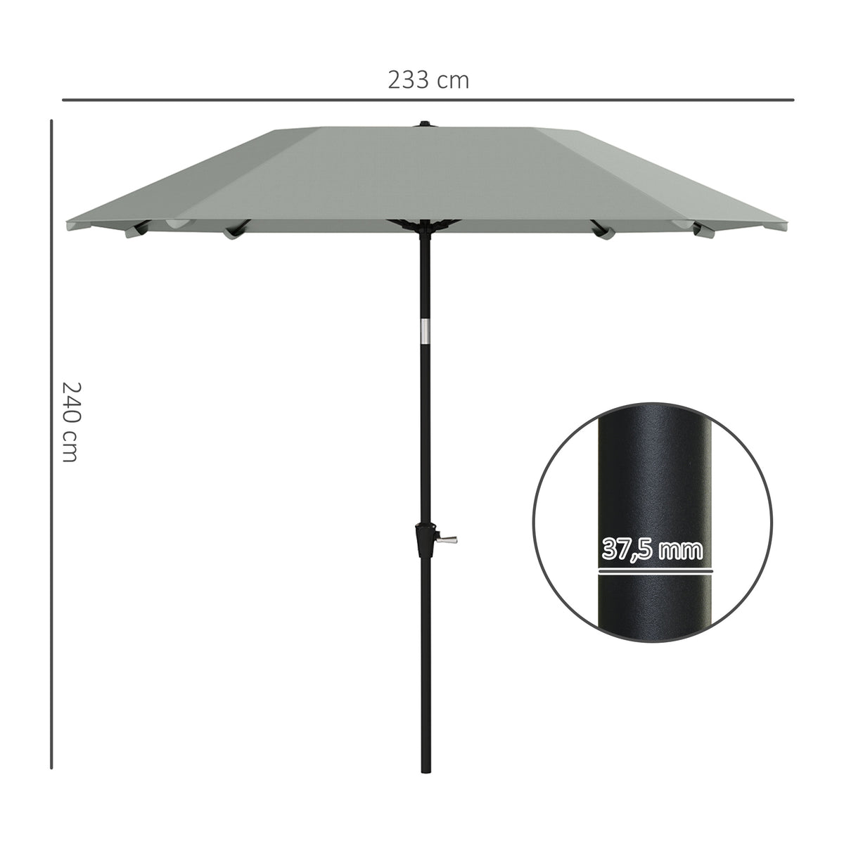 Outsunny 2,3 m Sonnenschirm ohne Basis, Verstellbarer Terrassenschirm mit Kurbel, Polyester, Aluminium, Fiberglas, Dunkelgrau