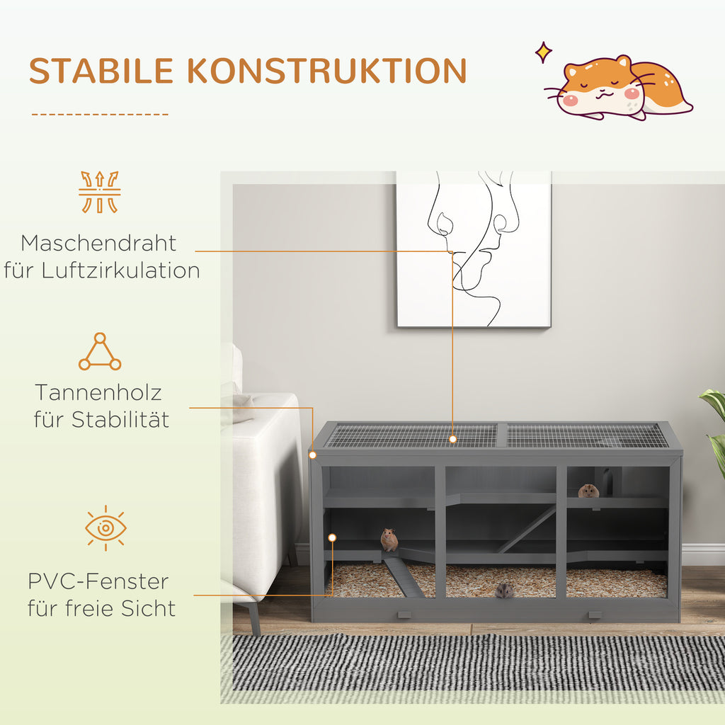 PawHut Zwerghamsterkäfig, Nagerkäfig, Kleintierbox, abschließbar, Holz, pflegeleicht, Grau