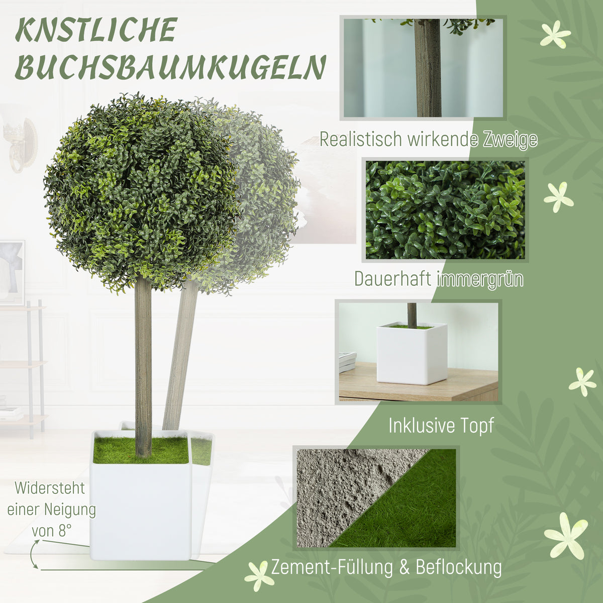 HOMCOM 2er Set Künstliche Buchsbaum-Formschnittkugeln 45cm Kunstpflanze, Plastik Künstliche Pflanzen im Topf
