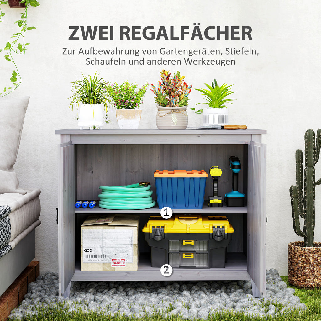 Outsunny Gartenschrank, Holzschrank für Gartengeräte, Outdoor-Schrank für Terrasse, mit Doppeltüren, Scheunendesign, Hellgrau