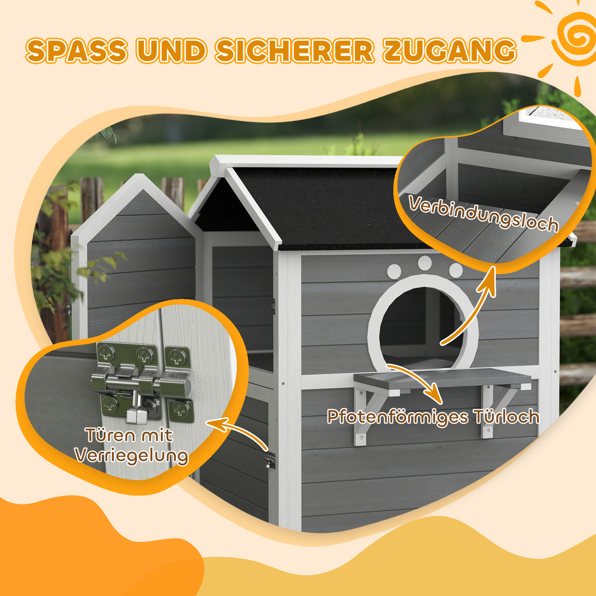 PawHut Outdoor-Katzenhaus mit wetterfestem Dach, Fenster, Balkon, herausnehmbarem Boden, 2 Ebenen, für 1-2 Katzen, Grau