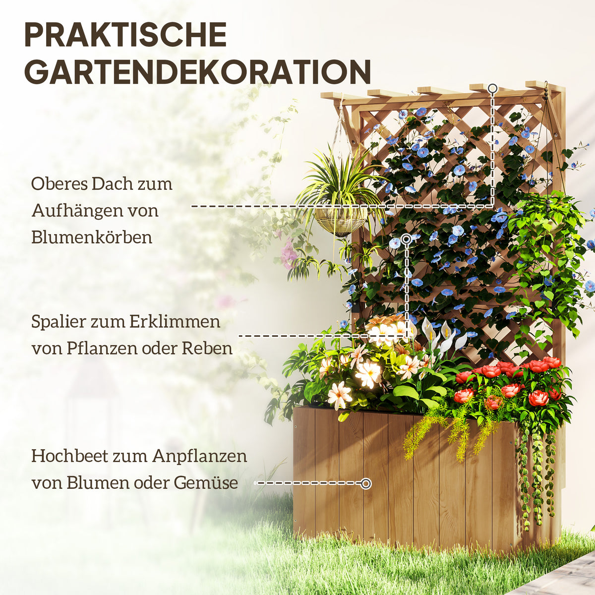 Outsunny Hochbeet Pflanzkasten mit Rankgitter, Spalier Pflanzkübel Blumenkasten Holz, Gartenspalier 64 x 33 x 122cm Naturholz