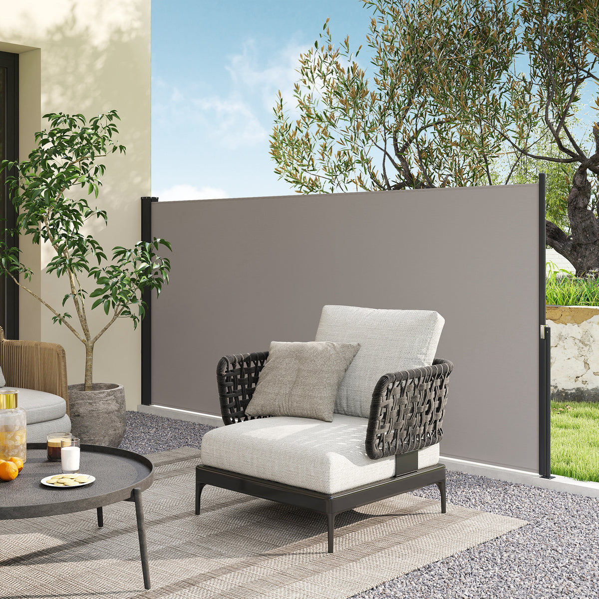 Outsunny Seitenmarkise, Seitenrollo, ausziehbar, Sichtschutz, Aluminium/Polyester, 3 x 1,4 m, Hellgrau