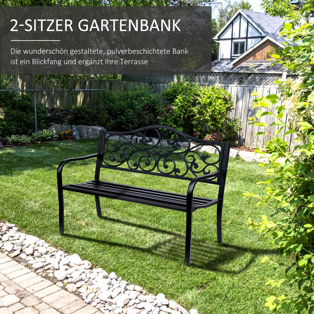 Outsunny 2-Sitzer Gartenbank Parkbank mit ausziehbarem Tisch Sitzbank Bank 240kg belastbar Terrassenbank mit Rücken- & Armlehnen Gartenmöbel für Terrasse, Garten Außenbereich 150x58,5x90 cm Schwarz