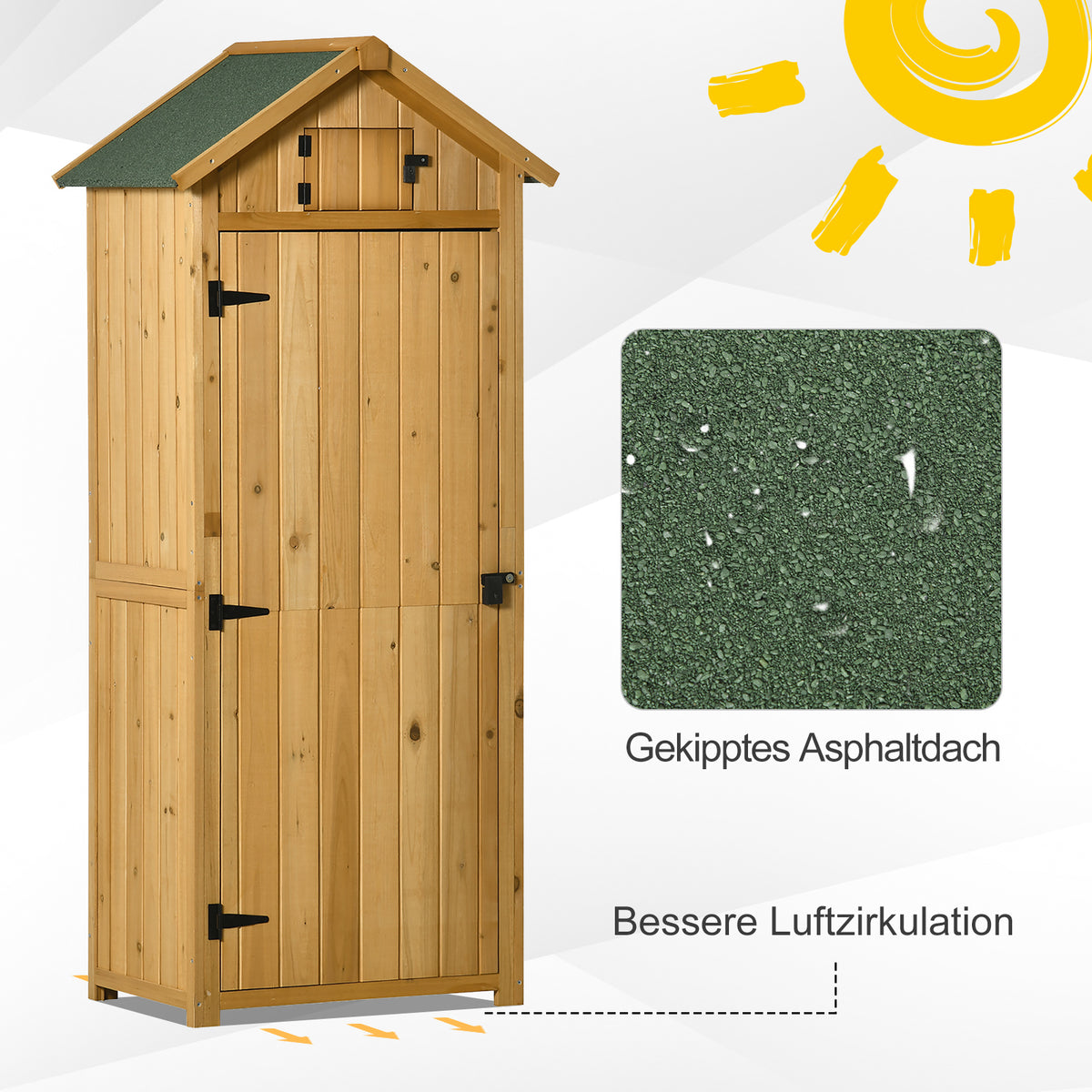 Outsunny Gartenschrank Gartenhaus Gerätehaus Geräteschuppen mit Fachböden Asphaltdach Fenster Holz Gelb+Grün 77 x 54,2 x 179 cm