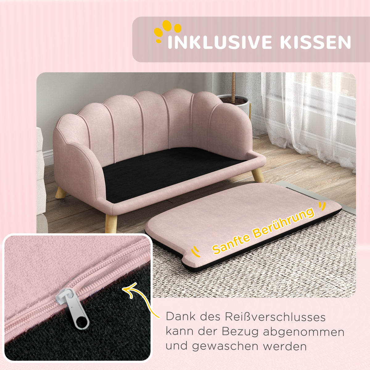 PawHut Haustiersofa für mittelgroße und große Hunde bis 25 kg, robustes Holz, gepolstert, Rosa