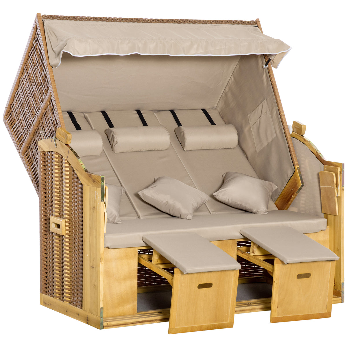 Outsunny Strandkorb 3-Sitzer Sonnenliege mit Dach 2 Klapptischen Fußstütze Chaiselongue 5-stufige Rückenlehne XXL Polyrattan Natur 150 x 79 x 160 cm