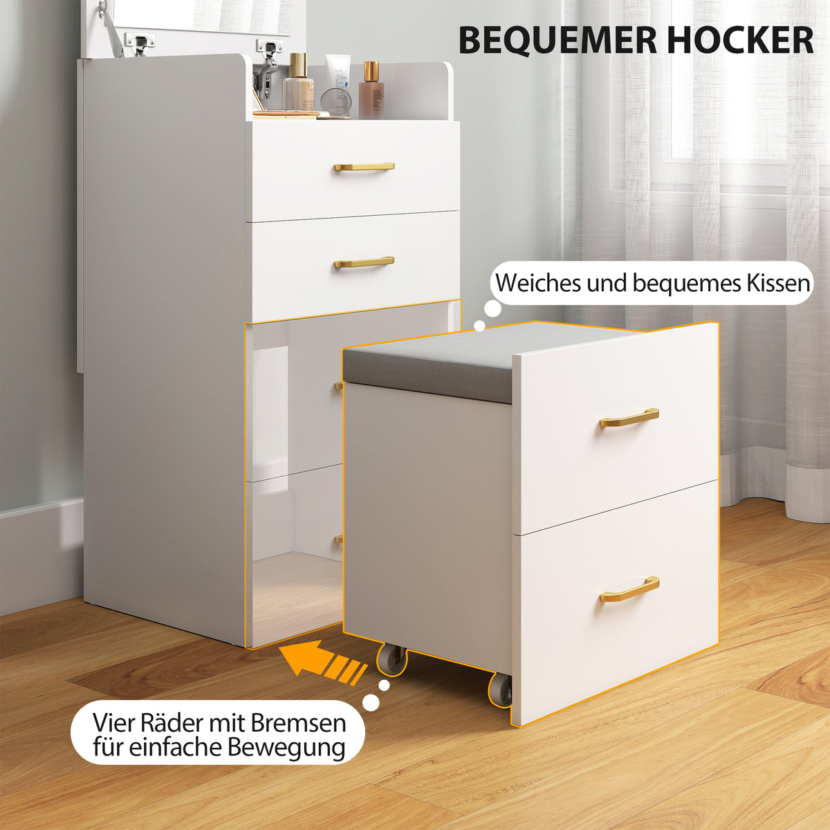HOMCOM 3-in-1-Schminktisch mit Spiegel, Nachttisch, Rollhocker, Schubladen, Weiß