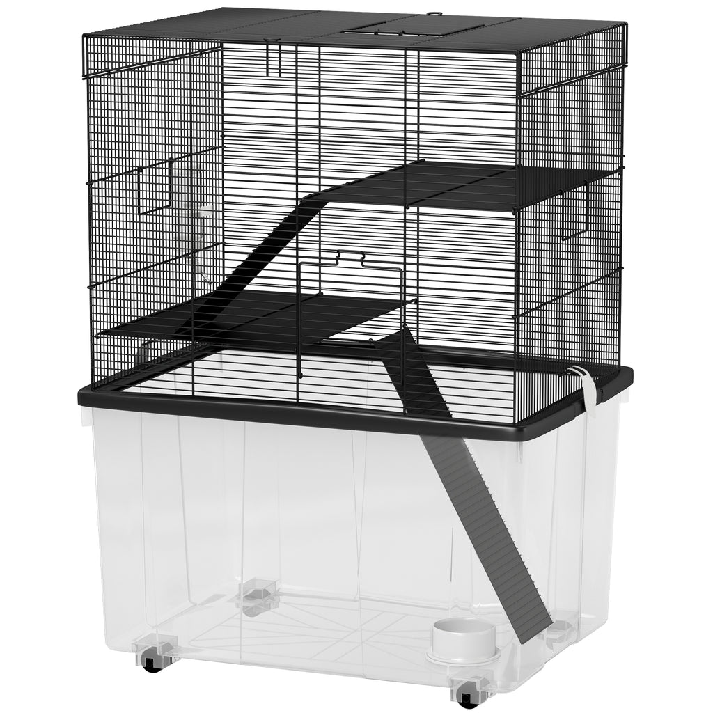 PawHut Hamsterkäfig 3 Etagen mit Rädern, 2 Plattformen, Rampen, Napf und Trinkflasche, 58x43x74 cm, Schwarz